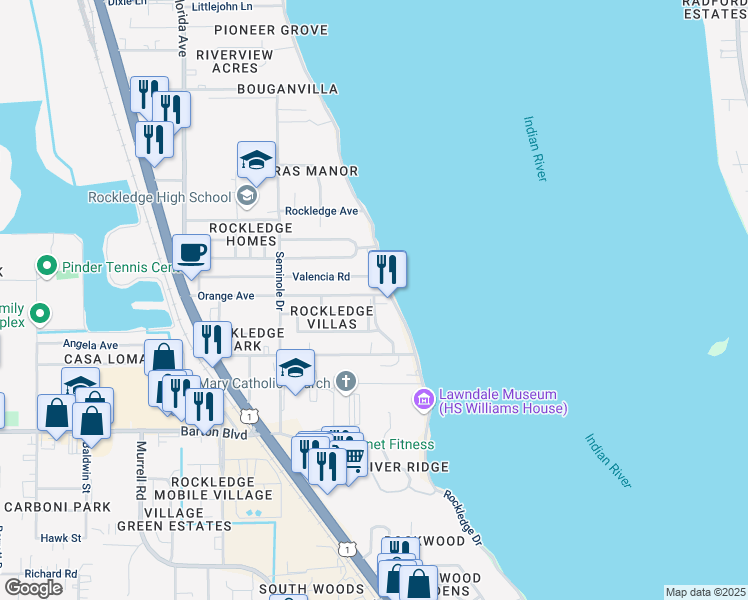 map of restaurants, bars, coffee shops, grocery stores, and more near 7 Valencia Road in Rockledge