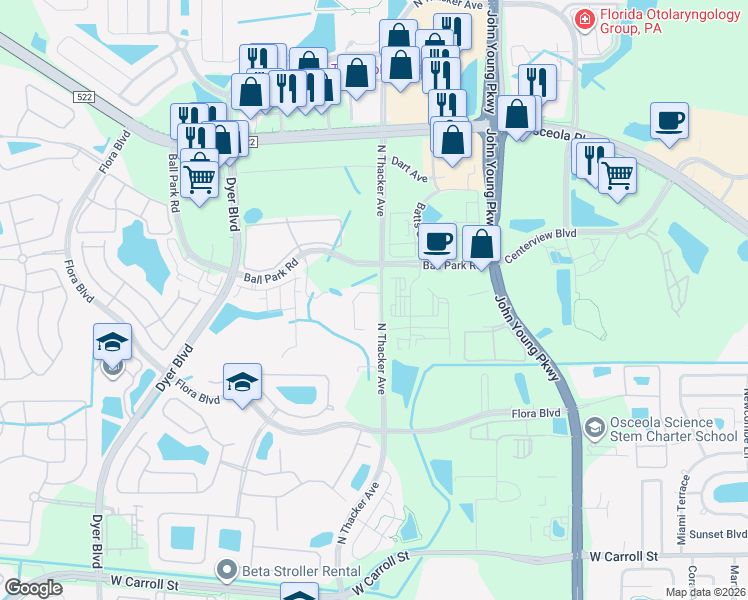 map of restaurants, bars, coffee shops, grocery stores, and more near 2920 Flora Ridge Circle in Kissimmee