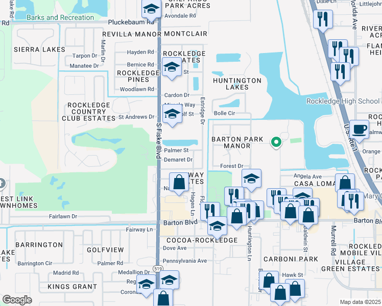 map of restaurants, bars, coffee shops, grocery stores, and more near 977 Palmer Street in Rockledge