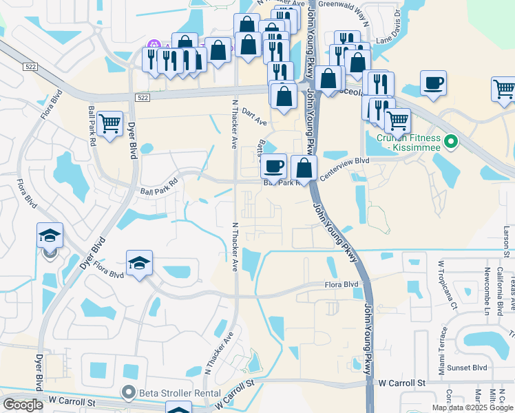 map of restaurants, bars, coffee shops, grocery stores, and more near 2985 Homerun Road in Kissimmee