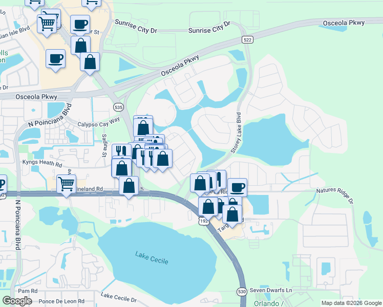 map of restaurants, bars, coffee shops, grocery stores, and more near 4800 Lullaby Lane in Kissimmee