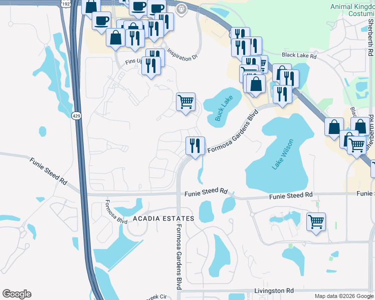 map of restaurants, bars, coffee shops, grocery stores, and more near 3001 Sea Plane Lane in Kissimmee