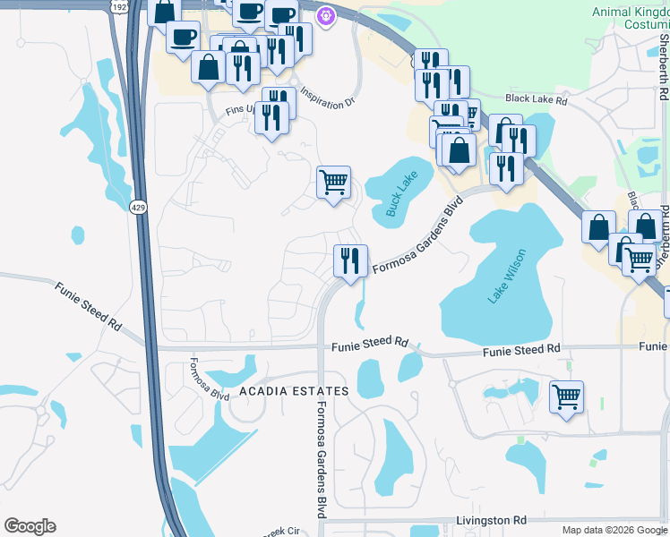 map of restaurants, bars, coffee shops, grocery stores, and more near 3001 Sea Plane Lane in Kissimmee