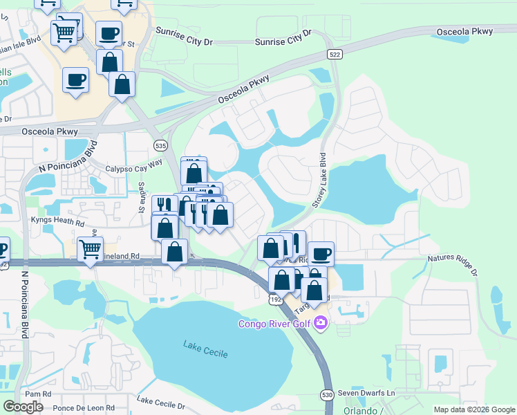 map of restaurants, bars, coffee shops, grocery stores, and more near 4800 Lullaby Lane in Kissimmee