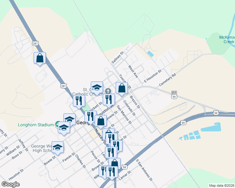 map of restaurants, bars, coffee shops, grocery stores, and more near 104 Crockett Street in George West