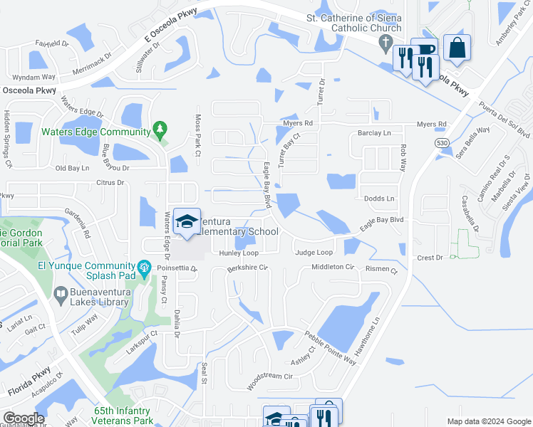 map of restaurants, bars, coffee shops, grocery stores, and more near 2501 Hunley Loop in Kissimmee