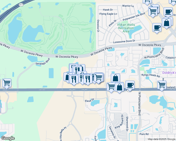 map of restaurants, bars, coffee shops, grocery stores, and more near 5366 Diplomat Court in Kissimmee