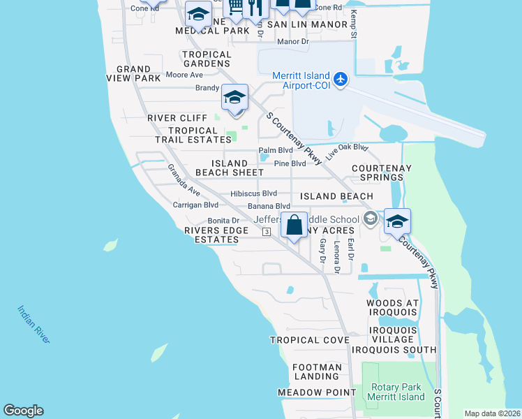 map of restaurants, bars, coffee shops, grocery stores, and more near 305 Hibiscus Boulevard in Merritt Island