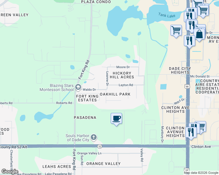 map of restaurants, bars, coffee shops, grocery stores, and more near 37321 Layton Road in Dade City