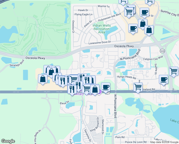 map of restaurants, bars, coffee shops, grocery stores, and more near 5490 Paradise Cay Circle in Kissimmee