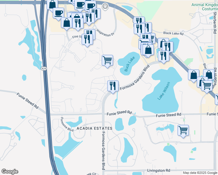 map of restaurants, bars, coffee shops, grocery stores, and more near 3001 Sea Plane Lane in Kissimmee
