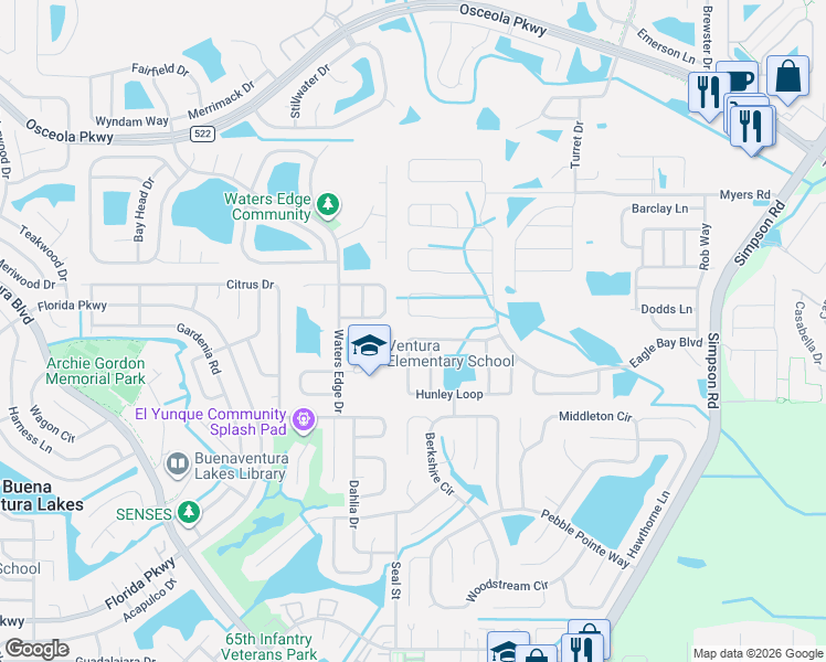 map of restaurants, bars, coffee shops, grocery stores, and more near 2556 Tanner Terrace in Kissimmee