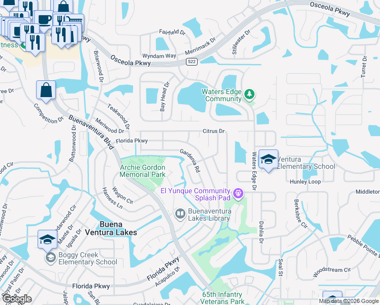 map of restaurants, bars, coffee shops, grocery stores, and more near 186 Florida Parkway in Kissimmee
