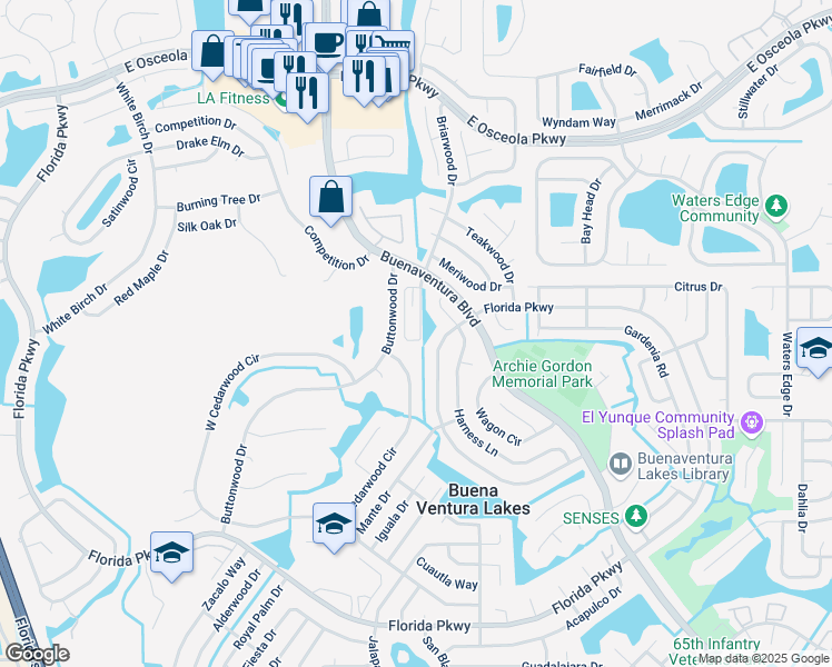 map of restaurants, bars, coffee shops, grocery stores, and more near 397 Buttonwood Drive in Kissimmee