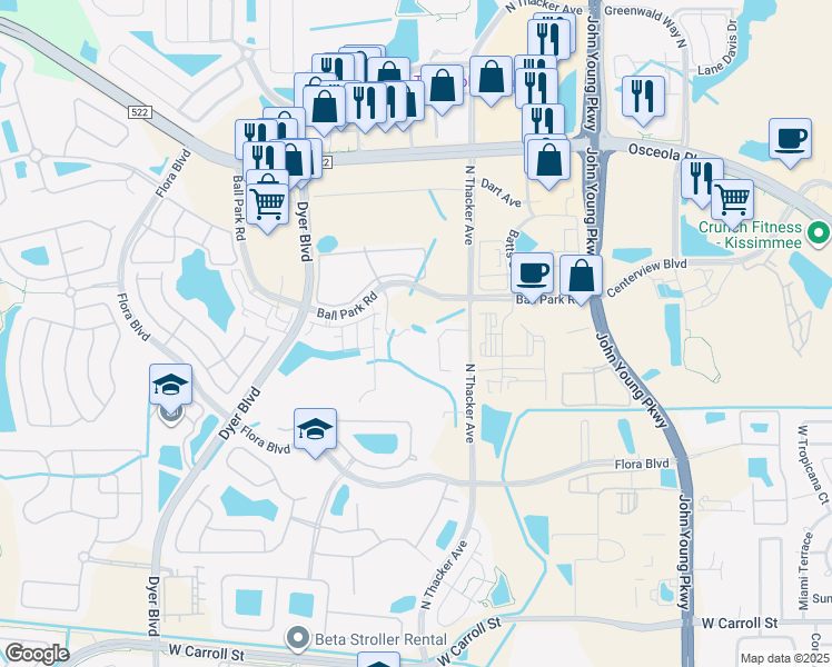 map of restaurants, bars, coffee shops, grocery stores, and more near 1900 Ball Park Road in Kissimmee