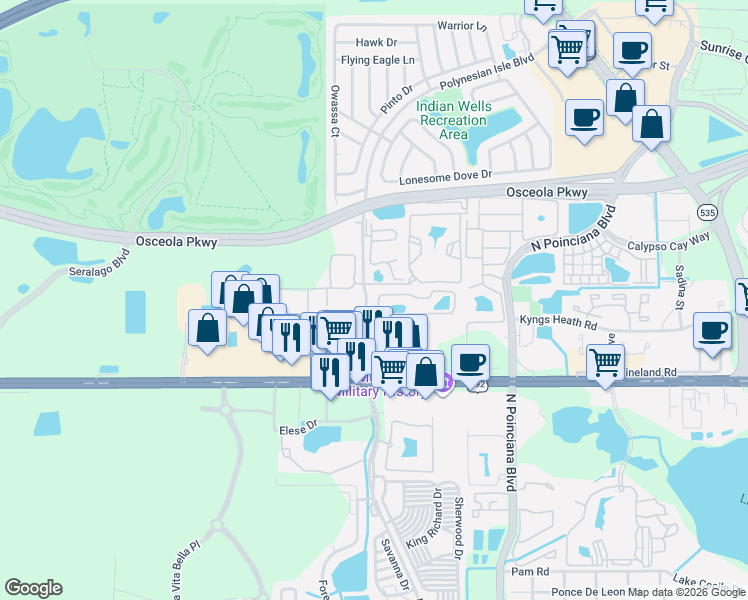 map of restaurants, bars, coffee shops, grocery stores, and more near 5490 Paradise Cay Circle in Kissimmee