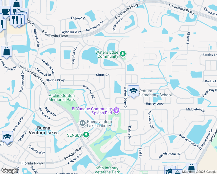 map of restaurants, bars, coffee shops, grocery stores, and more near 281 Valencia Avenue in Kissimmee