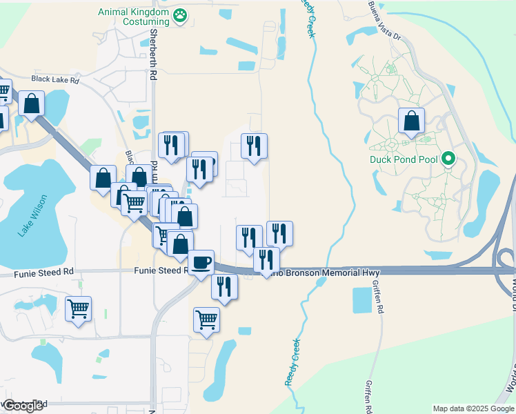 map of restaurants, bars, coffee shops, grocery stores, and more near 3020 Reedy Creek Boulevard in Kissimmee