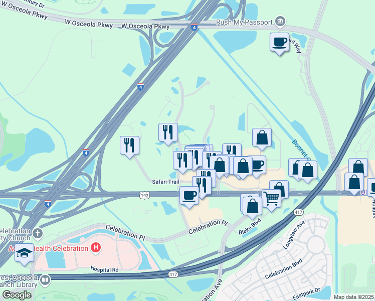 map of restaurants, bars, coffee shops, grocery stores, and more near 6200 Safari Trail in Kissimmee