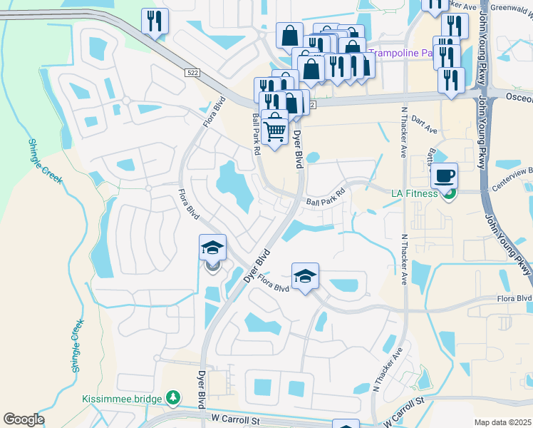 map of restaurants, bars, coffee shops, grocery stores, and more near 2801 Wentworth Lane in Kissimmee