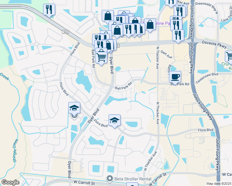 map of restaurants, bars, coffee shops, grocery stores, and more near 2670 Meadow Creek Road in Kissimmee