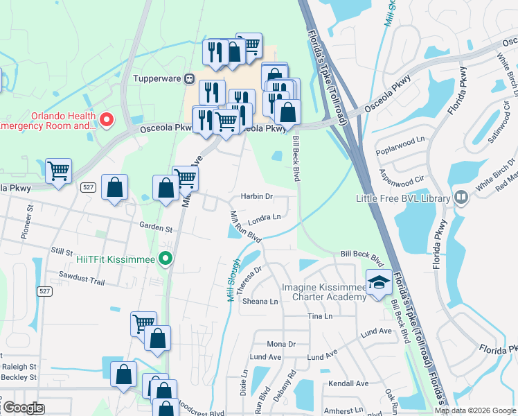 map of restaurants, bars, coffee shops, grocery stores, and more near 1450 East Mette Court in Kissimmee