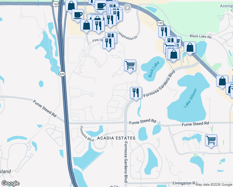 map of restaurants, bars, coffee shops, grocery stores, and more near 8081 Surf Street in Kissimmee