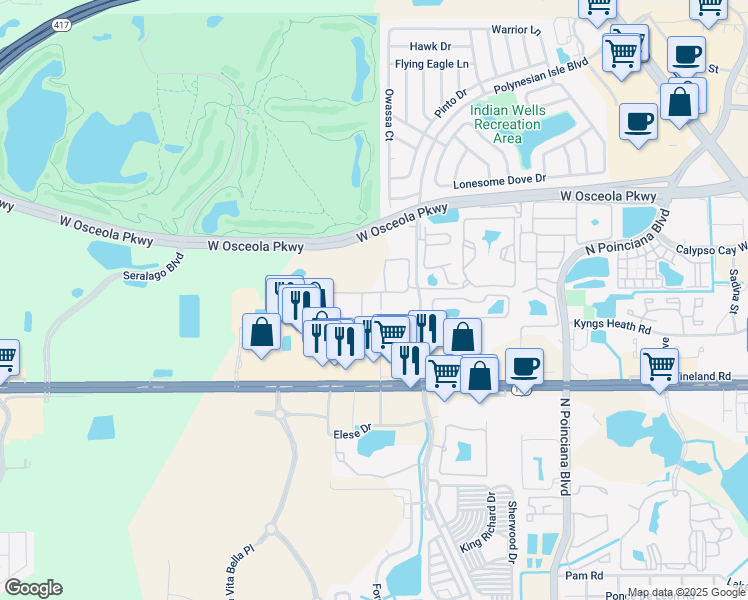 map of restaurants, bars, coffee shops, grocery stores, and more near 5356 Diplomat Court in Kissimmee