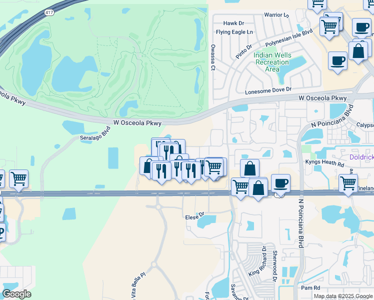 map of restaurants, bars, coffee shops, grocery stores, and more near 5366 Diplomat Court in Kissimmee