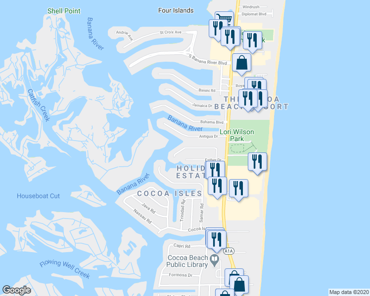 map of restaurants, bars, coffee shops, grocery stores, and more near 177 June Drive in Cocoa Beach