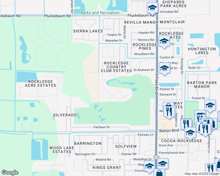 map of restaurants, bars, coffee shops, grocery stores, and more near 1383 Gleneagles Court in Rockledge