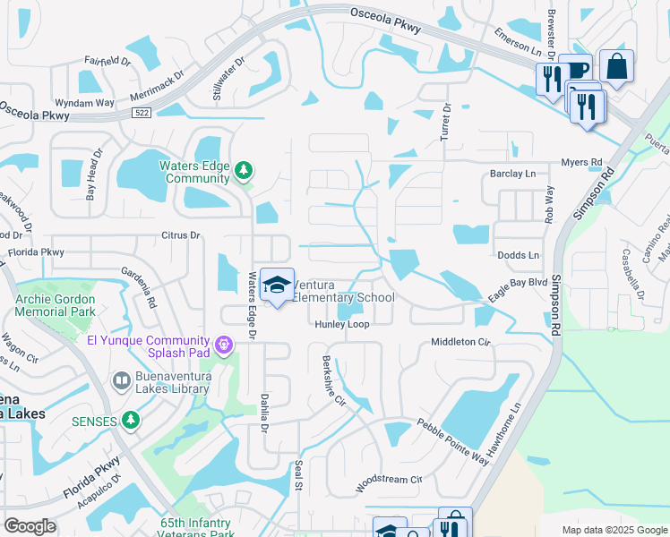 map of restaurants, bars, coffee shops, grocery stores, and more near 2575 Tanner Terrace in Kissimmee
