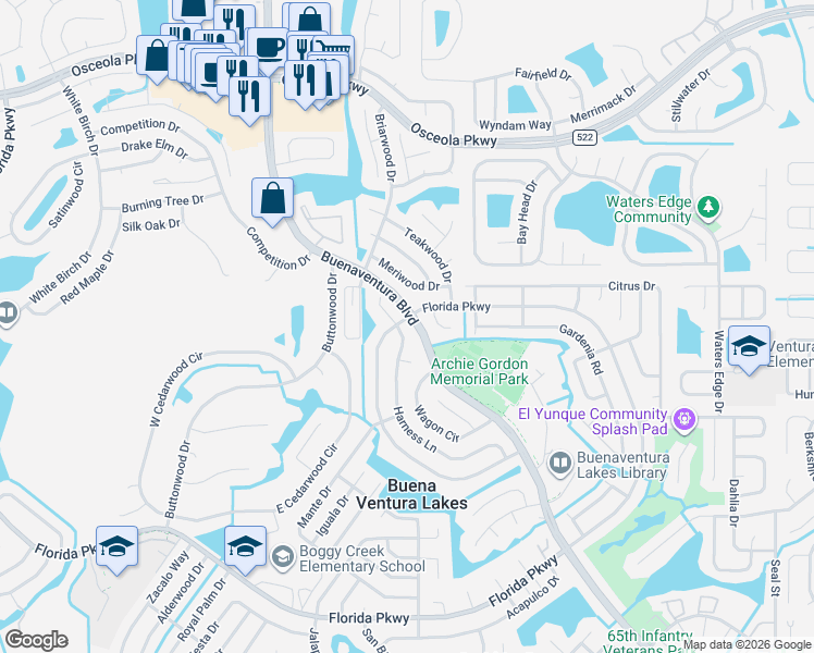 map of restaurants, bars, coffee shops, grocery stores, and more near in Buena Ventura Lakes