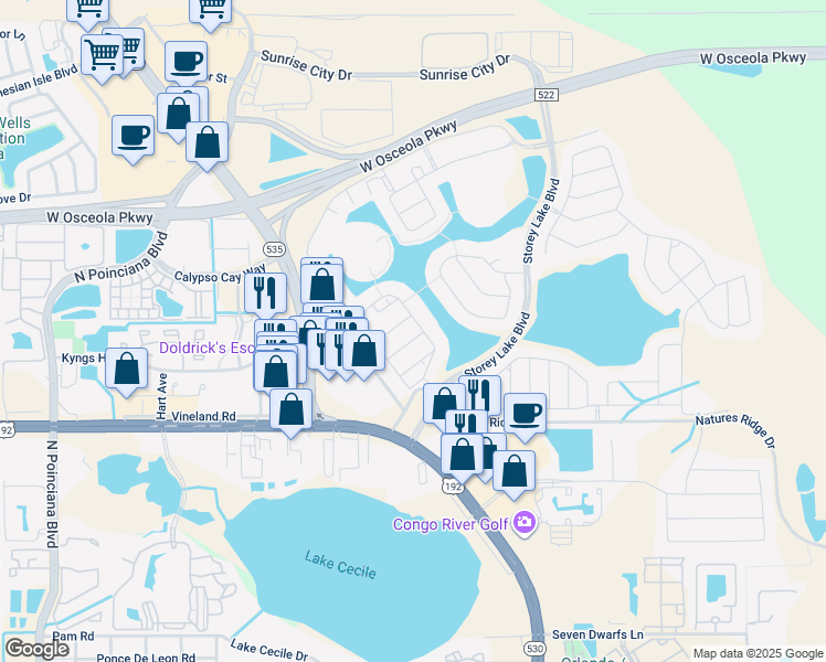 map of restaurants, bars, coffee shops, grocery stores, and more near 4800 Lullaby Lane in Kissimmee