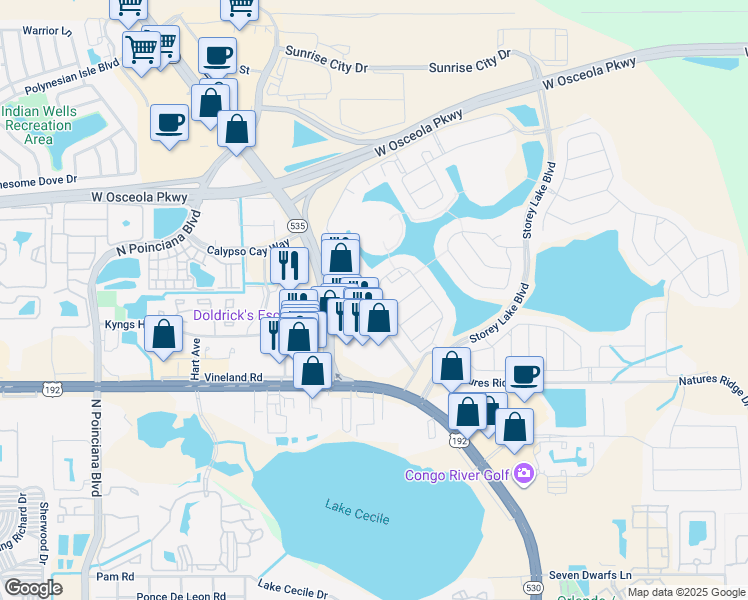 map of restaurants, bars, coffee shops, grocery stores, and more near 4828 Love Storey Lane in Kissimmee