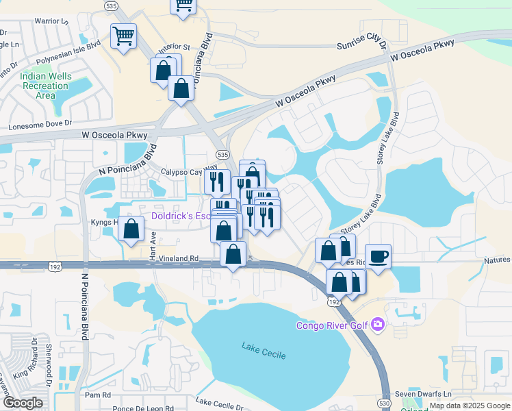 map of restaurants, bars, coffee shops, grocery stores, and more near 2975 Vineland Road in Kissimmee