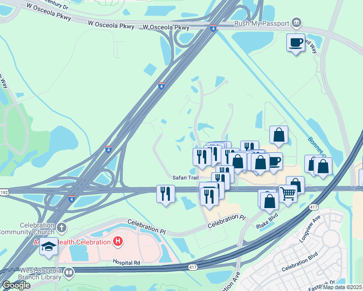 map of restaurants, bars, coffee shops, grocery stores, and more near 3058 Parkway Boulevard in Kissimmee