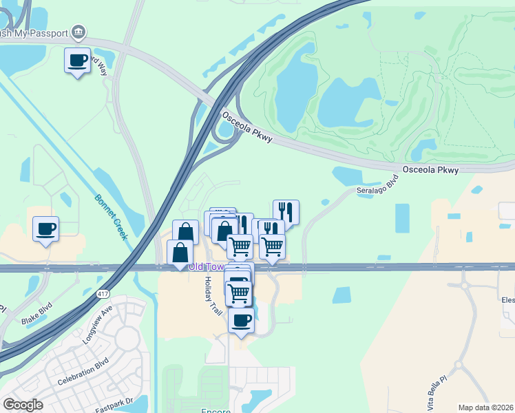 map of restaurants, bars, coffee shops, grocery stores, and more near 5733 West Irlo Bronson Memorial Highway in Kissimmee