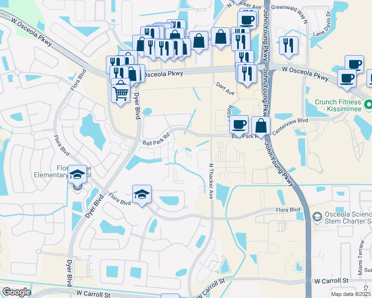 map of restaurants, bars, coffee shops, grocery stores, and more near 2970 Sandhill Ridge Court in Kissimmee