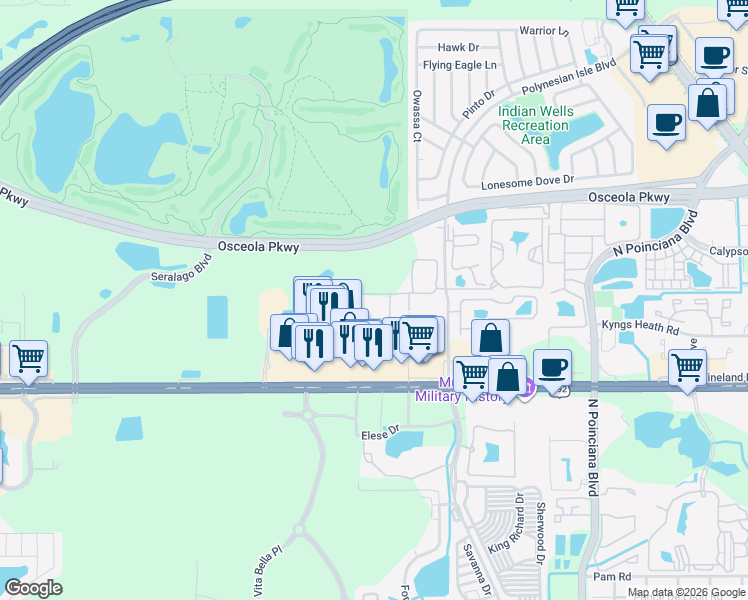 map of restaurants, bars, coffee shops, grocery stores, and more near 5366 Diplomat Court in Kissimmee
