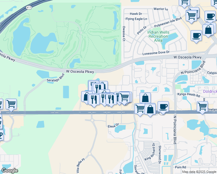 map of restaurants, bars, coffee shops, grocery stores, and more near 5366 Diplomat Court in Kissimmee