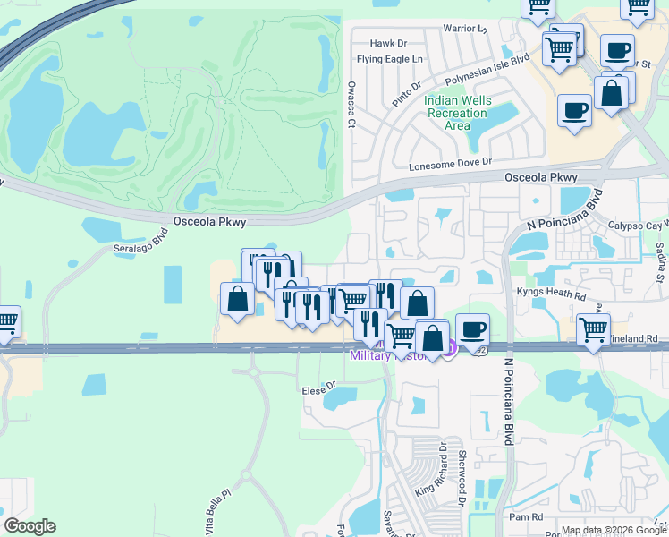 map of restaurants, bars, coffee shops, grocery stores, and more near 5356 Diplomat Court in Kissimmee