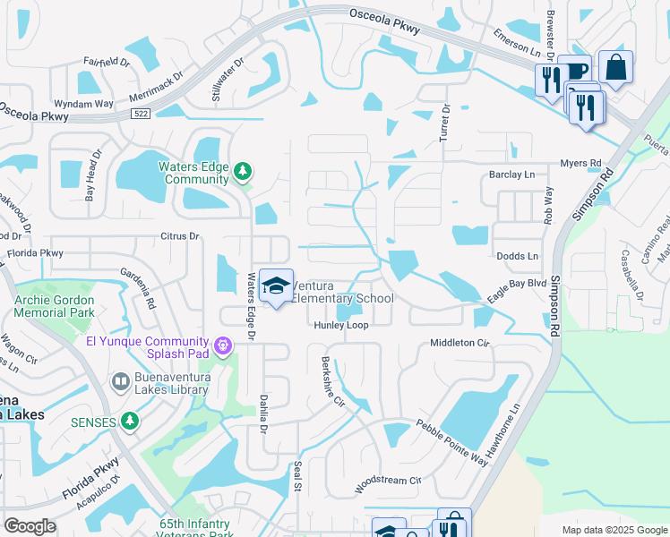 map of restaurants, bars, coffee shops, grocery stores, and more near 2575 Tanner Terrace in Kissimmee