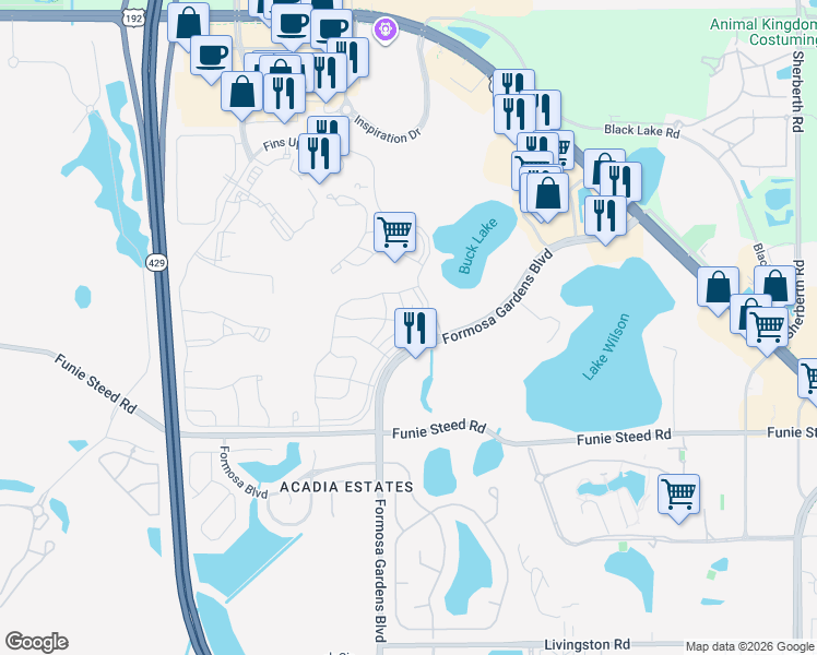 map of restaurants, bars, coffee shops, grocery stores, and more near 3001 Sea Plane Lane in Kissimmee
