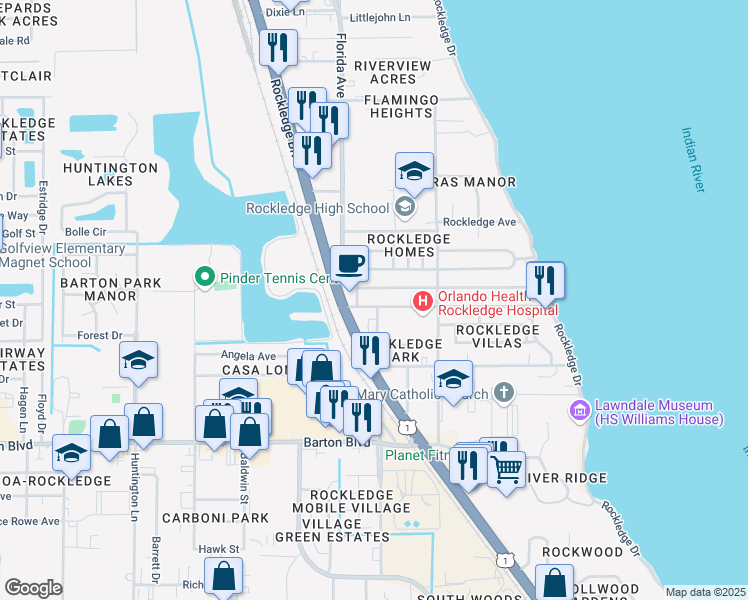 map of restaurants, bars, coffee shops, grocery stores, and more near 134 Orange Avenue in Rockledge