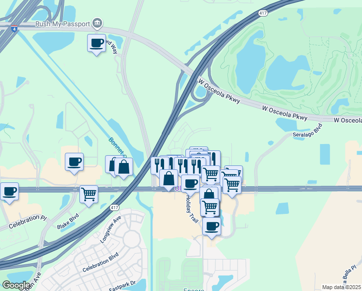 map of restaurants, bars, coffee shops, grocery stores, and more near Central Florida GreeneWay in Kissimmee