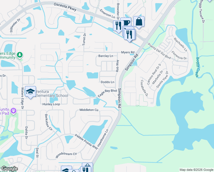 map of restaurants, bars, coffee shops, grocery stores, and more near 2727 Merrieweather Lane in Kissimmee