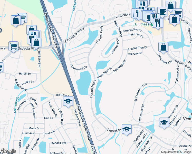map of restaurants, bars, coffee shops, grocery stores, and more near 103 White Birch Drive in Kissimmee
