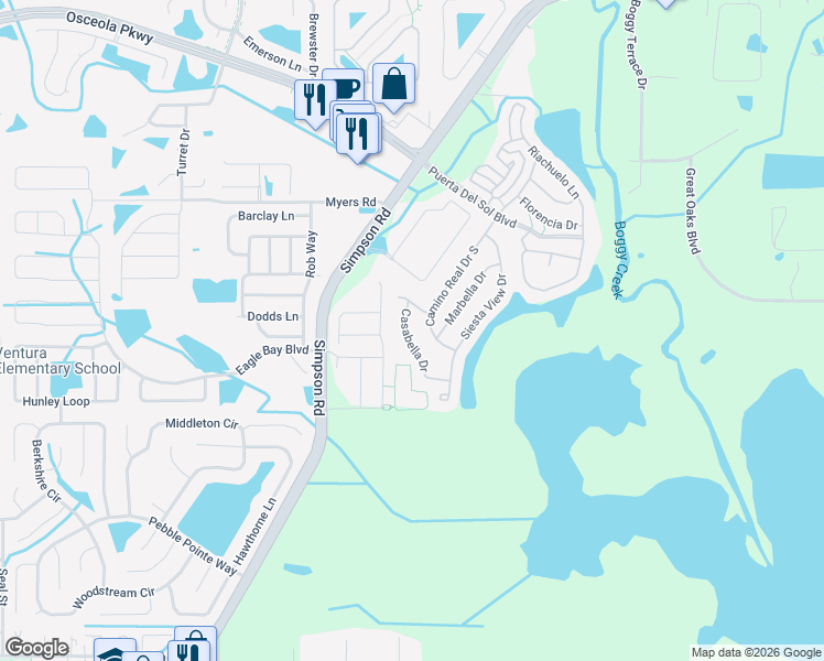 map of restaurants, bars, coffee shops, grocery stores, and more near 2947 Casabella Drive in Kissimmee