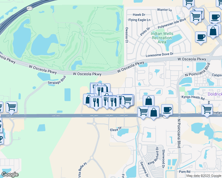 map of restaurants, bars, coffee shops, grocery stores, and more near 5366 Diplomat Court in Kissimmee